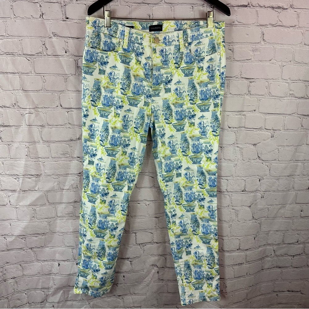 Talbots slim ankle jeans womens 12 Blue Yellow watercolor vases print Pants